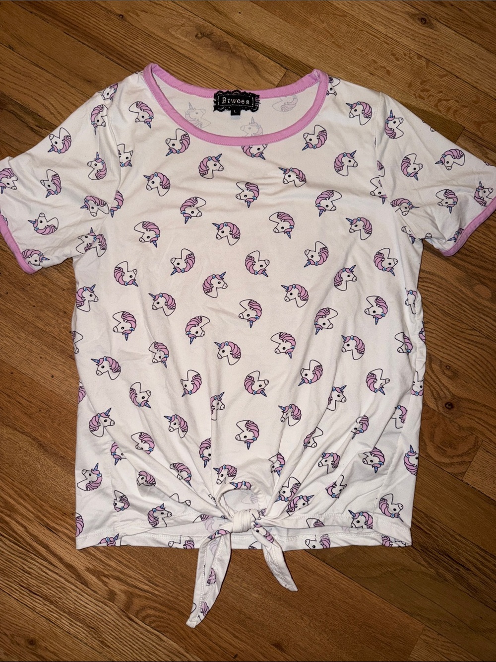 btween White Tee with Pink & Purple Unicorn Print and Front Tie Size Large
